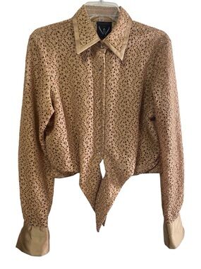Veronique Young Party Blouse lace Cut-outs Beaded Rhinestone Lucite Buttons sz M